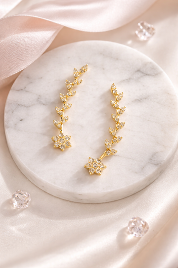 Luxury American Diamonds Gold Plated Ear Cuffs | Premium Floral & Leaf Ear Climbers for Women | Trending Viral Party Wear Earrings